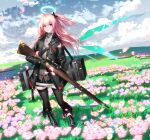  1girl absurdres ambriel_(arknights) arknights bangs black_bow black_footwear black_gloves black_jacket black_legwear blue_sky boots bow cloud day flower full_body gloves grass gun hair_bow halo highres holding holding_gun holding_weapon jacket long_hair long_sleeves looking_at_viewer one_side_up outdoors pantyhose parted_lips petals pink_flower pink_hair purple_eyes rifle sky solo standing thighhighs wanshuibaipo weapon wings zettai_ryouiki 