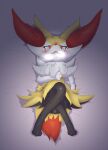  absurd_res anthro black_body black_fur blush bodily_fluids braixen breasts canid canine crossed_legs featureless_breasts featureless_crotch female fur hi_res inner_ear_fluff lying mammal ne_i_ro nintendo on_back pok&eacute;mon pok&eacute;mon_(species) red_body red_fur solo steam sweat tuft video_games yellow_body yellow_fur 