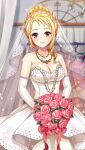  1girl blonde_hair blurry blurry_background bouquet breasts bridal_veil cleavage closed_mouth collarbone doukyuusei_2 doukyuusei_another_world dress elbow_gloves flower game_cg gloves holding holding_bouquet jewelry large_breasts layered_dress long_hair looking_at_viewer maijima_karen necklace official_art pink_flower pink_rose red_eyes rose see-through sleeveless sleeveless_dress smile solo standing strapless strapless_dress tied_hair veil wedding_dress white_dress white_gloves 