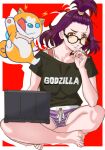  1girl barefoot black_shirt bra_strap brown_eyes brown_hair computer crossed_legs glasses godzilla_(series) godzilla_singular_point highres kamino_mei_(singular_point) kou_(spad7u59) laptop looking_at_viewer off-shoulder_shirt off_shoulder purple_shorts shirt short_hair shorts sitting smile solo_focus tied_hair v-shaped_eyebrows 