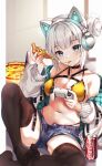  1girl artist_name bangs belt blue_eyes blue_shorts blunt_bangs breasts brown_legwear can cat_ear_headphones coca-cola collarbone commentary controller eating eyebrows_visible_through_hair food game_controller hair_bun headphones holding holding_controller holding_food holding_game_controller holding_pizza kiyochii long_hair looking_at_viewer medium_breasts navel original pizza short_hair shorts silver_hair sitting solo symbol_commentary thighhighs thighs 