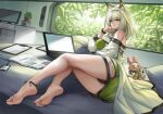  1girl animal_ear_fluff anklet arknights bare_legs bare_shoulders barefoot computer dress feet green_dress green_eyes green_hair jewelry kacyu kal&#039;tsit_(arknights) legs looking_at_viewer looking_back lynx_ears no_shoes off-shoulder_dress off-shoulder_jacket off_shoulder pillow short_hair soles stuffed_animal stuffed_toy 