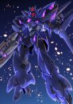  absurdres alus_earthree_gundam amakawa_mayu floating glowing glowing_eye gun gundam gundam_build_divers gundam_build_divers_re:rise highres holding holding_gun holding_weapon looking_down mecha mobile_suit one-eyed open_hand red_eyes science_fiction solo v-fin weapon 