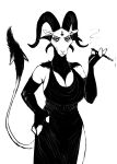  anthro big_breasts black_and_white bovid breasts caprine cigarette clothing cross demon dress female fingerless_gloves gloves goat hand_on_hip handwear hi_res hladilnik horn huge_breasts inverted_cross looking_at_viewer lucy_(hladilnik) mammal monochrome neck_tuft raised_tail simple_background smile smoking solo tail_tuft tuft white_background 