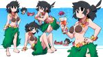  1girl black_eyes black_hair blue_background breasts cleavage coconut_bra crab drinking_straw flower hand_on_hip highres knees_up leaf_skirt lei lucia_(scott_malin) medium_breasts medium_hair multiple_views navel orange_flower original pink_flower scott_malin side_slit sunglasses web_address yellow_flower 