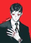  1boy black_eyes business_suit closed_mouth collared_shirt colored_sclera copyright_request earrings formal hand_up horns jacket jewelry male_focus monochrome necktie oni oni_horns pigeon666 red_background red_nails red_sclera red_theme sanpaku shirt simple_background solo suit watch wing_collar wristwatch 
