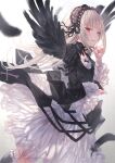  1girl black_wings commentary doll_joints duplicate eyebrows_visible_through_hair feathered_wings feathers flat_chest gothic_lolita highres joints lolita_fashion long_hair looking_at_viewer makai_no_juumin parted_lips pixel-perfect_duplicate platinum_blonde_hair puffy_sleeves red_eyes rozen_maiden smile solo suigintou very_long_hair wings 