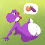  anthro big_butt butt butt_focus eggplant emoji food fruit girly green_background hi_res huge_butt komdog male mario_bros nintendo peach_(fruit) plant presenting presenting_hindquarters purple_body purple_yoshi scalie simple_background solo speech_bubble suggestive thick_thighs video_games wide_hips yoshi 