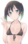  1girl bikini black_bikini black_hair blush breasts closed_mouth front-tie_bikini front-tie_top gradient_hair green_eyes green_hair hand_up head_tilt highres looking_at_viewer love_live! love_live!_nijigasaki_high_school_idol_club love_live!_school_idol_festival_all_stars multicolored_hair nasuno_(nasuno42) simple_background small_breasts solo swimsuit takasaki_yuu twintails upper_body w white_background 