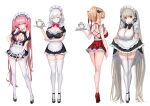  4girls ^_^ ass azur_lane back bangs between_breasts black_footwear blonde_hair blush bow bowtie breasts cleavage closed_eyes cup eyebrows_visible_through_hair formidable_(azur_lane) frills glorious_(azur_lane) grey_hair hair_ornament high_heels highres maid maid_headdress multiple_girls perseus_(azur_lane) pink_eyes pink_hair ponytail purple_eyes red_eyes red_footwear short_hair sirius_(azur_lane) smile solaris_(sinhyg) teacup teapot thighhighs tray twintails white_legwear wrist_cuffs 