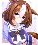  1girl :&lt; ahoge animal_ears ayase_midori black_bow blush border bow breasts brown_hair commentary_request eyebrows_visible_through_hair large_breasts looking_at_viewer meisho_doto_(umamusume) outside_border purple_eyes purple_skirt reward_available sailor_collar short_sleeves skirt solo tail umamusume white_border white_hair white_legwear white_sailor_collar 