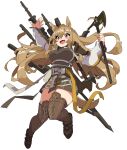  1girl 6ndchan6 animal_ears ankle_strap arknights axe baggy_clothes bangs boots breasts brown_dress brown_footwear ceobe_(arknights) commentary_request dog_ears dog_tail dress hair_between_eyes highres holding holding_weapon jacket large_breasts light_brown_hair long_hair multicolored multicolored_clothes multicolored_jacket multiple_straps multiple_swords multiple_weapons open_clothes open_jacket red_eyes shoulder_pads sidelocks snap-fit_buckle solo staff tail thigh_boots thighhighs very_long_hair weapon 