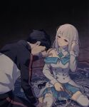  1boy 1girl absurdres bangs black_hair breasts buttons commentary_request cutting_hair detached_collar emilia_(re:zero) eyebrows_visible_through_hair eyelashes hand_in_hair hand_on_another&#039;s_shoulder hand_up highres holding holding_scissors iwamushi jacket natsuki_subaru off_shoulder pants parted_lips pleated_skirt re:zero_kara_hajimeru_isekai_seikatsu scissors short_hair sitting skirt smile sweat thighhighs 
