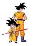  2boys age_comparison ankle_boots back-to-back black_eyes black_footwear black_hair blue_footwear boots clenched_hands clothes_writing collarbone dougi dragon_ball dragon_ball_(classic) dragon_ball_z dual_persona facing_viewer full_body hands_on_hips happy height_difference highres holding holding_weapon kubota_chikashi legs_apart looking_at_another looking_back looking_down looking_to_the_side male_focus multiple_boys muscular nyoibo official_style profile shoes simple_background smile son_goku spiked_hair standing weapon white_background wristband 