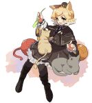  1girl 6ndchan6 :d animal animal_ear_fluff animal_ears animal_on_lap animal_on_shoulder arknights black_dress black_footwear black_headwear black_jacket black_neckwear blonde_hair blush boots calico cat cat_ears cat_on_lap cat_tail cat_teaser collared_shirt commentary_request dress fang flat_chest frilled_dress frills full_body gradient_hair green_eyes hat invisible_chair jacket medium_hair mini_hat mousse_(arknights) multicolored_hair multiple_tails necktie open_mouth shirt sitting smile solo tail two-tone_hair two_tails white_background white_hair white_shirt wing_collar yarn yarn_ball 