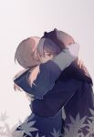  2girls amphro animal_ears arknights blue_eyes blue_hair blue_jacket blue_poison_(arknights) chinese_commentary commentary glaucus_(arknights) grey_background hidden_face hood hood_down hug jacket multiple_girls mutual_hug pink_hair short_hair twintails yuri 