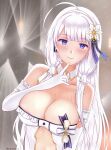  1girl artist_name azur_lane bare_shoulders blue_eyes breasts cleavage dress elbow_gloves eyebrows_visible_through_hair finger_to_own_chin flower gloves gold_trim headphones highres illustrious_(azur_lane) illustrious_(muse)_(azur_lane) long_hair looking_at_viewer upper_body white_dress white_flower white_gloves white_hair yayanri 