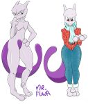  absurd_res ambiguous_gender anthro barefoot big_legs blush bottomwear clothing denim denim_clothing duo feet hi_res jeans legendary_pok&eacute;mon looking_at_viewer mewtwo mr_fuwa nintendo pants pok&eacute;mon pok&eacute;mon_(species) pose purple_body purple_eyes scarf shirt thick_thighs topwear video_games 