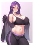  1girl alternate_costume bangs bare_shoulders blush border breasts cleavage closed_mouth curvy fate/grand_order fate_(series) highres jacket kuavera large_breasts looking_to_the_side minamoto_no_raikou_(fate) navel off_shoulder pants parted_bangs purple_eyes purple_hair smile sports_bra thighs track_jacket white_border yoga_pants 