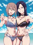  2girls bikini black_bikini blue_bikini brown_hair choker cloud double_bikini green_eyes hands_on_own_chest highres idolmaster idolmaster_cinderella_girls kimura_natsuki long_hair mukai_takumi multiple_girls ocean open_mouth short_hair sky smile swimsuit tyotyotyori 