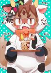  2021 anthro beverage brown_body brown_eyes brown_fur brown_hair canid canine canis chinese_zodiac clothing cute_fangs dinogaize domestic_dog freddie_(gundam_build_divers_re:rise) fur gloves gundam gundam_build_divers_re:rise hair handwear holding_tray japanese_text looking_at_viewer male mammal open_mouth scarf solo standing tailwag text year_of_the_ox young 