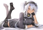  1girl absurdres black_legwear blush breasts brown_eyes collar commentary_request full_body gloves grey_jacket grey_skirt grin hair_between_eyes headgear highres jacket kantai_collection large_breasts looking_at_viewer lying metal_collar musashi_(kancolle) no_shoes on_stomach parted_lips partially_fingerless_gloves pleated_skirt remodel_(kantai_collection) short_hair_with_long_locks silver_hair simple_background skirt smile solo thighhighs twintails white_background yunamaro 