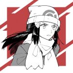  1girl beanie black_hair closed_mouth coat commentary dawn_(pokemon) eyelashes floating_hair hair_ornament hairclip hat long_hair omyo_(myomyomyo22) pokemon pokemon_(game) pokemon_dppt pokemon_platinum scarf serious sidelocks solo two-tone_background upper_body white_headwear white_scarf 