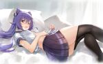  1girl absurdres animal_ears ass bed_sheet black_legwear bow breasts cat_ears commentary_request double_bun embarrassed genshin_impact hair_bow hair_bun highres keqing_(genshin_impact) looking_at_viewer lying on_back open_mouth panties panty_pull pillow pleated_skirt purple_eyes purple_hair ring_(1079882045) sailor_collar short_sleeves skirt solo thighhighs twintails unbuttoned unbuttoned_shirt underwear uniform zettai_ryouiki 