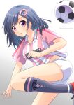  1girl :o argyle argyle_legwear ball black_hair black_legwear gomashio_star hair_ornament hairclip highres kijiyama_north_high_school kneehighs long_hair looking_at_viewer mai_ball! miyano_mai pants pink_stripes purple_eyes rhombus shirt short_sleeves simple_background soccer_ball soccer_uniform solo sportswear standing standing_on_one_leg striped striped_shirt twitter_username vertical-striped_shirt vertical_stripes white_pants 