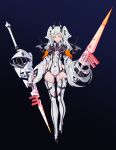  1girl absurdres breasts cancell dual_wielding full_body gradient gradient_background headgear highres holding holding_lance holding_polearm holding_weapon lance leotard long_hair looking_at_viewer orange_eyes original polearm science_fiction small_breasts solo thighhighs twintails weapon white_hair white_legwear wide_sleeves 