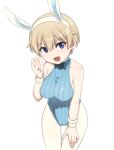  1girl animal_ears blonde_hair blue_eyes blue_leotard brave_witches breasts bunny_ears closed_mouth commentary cowboy_shot fake_animal_ears halterneck hand_on_own_thigh large_breasts leaning_forward leotard looking_at_viewer medium_breasts nanashino nikka_edvardine_katajainen open_mouth pantyhose playboy_bunny ribbed_leotard simple_background smile solo standing thigh_gap white_background white_legwear world_witches_series wristband 