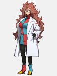  1girl android_21 blue_eyes blue_footwear breasts dragon_ball dragon_ball_fighterz earrings full_body glasses grey_background hair_between_eyes hands_in_pockets hoop_earrings jewelry kemachiku labcoat long_hair looking_at_viewer medium_breasts mismatched_footwear red_footwear red_hair red_ribbon_army simple_background solo standing 