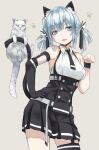  1girl :p animal_ears armpits bangs bare_shoulders belt black_legwear black_skirt black_tail blue_eyes blue_hair breasts cat cat_day cat_ears cat_girl cat_tail collar cowboy_shot garter_straps gloves hair_ornament hand_on_hip high-waist_skirt highres klem looking_at_viewer medium_breasts medium_hair necktie original paw_pose paw_print pleated_skirt short_necktie sidelocks single_glove single_thighhigh skirt sleeveless solo standing suspenders tail thighhighs tongue tongue_out twintails white_belt white_cat 