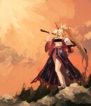  1girl adapted_costume alternate_hairstyle bangs black_tubetop blonde_hair blue_skirt breasts cleavage cloud cup geta highres holding holding_weapon horns hoshiguma_yuugi huge_breasts leaf_print legs long_hair long_skirt long_sleeves mountain mountainous_horizon open_clothes open_shirt open_skirt orange_sky outdoors over_shoulder parted_bangs ponytail red_eyes sakazuki shiny shiny_hair shirt sidelocks single_horn skirt sky smile solo standing star_(symbol) star_print stomach striped striped_skirt sunset sunyup thighs toes touhou underboob very_long_hair weapon white_shirt wide_sleeves 