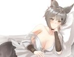  1girl alliah_istavion animal_ears black_pants breasts cleavage commentary_request erune fishofthelakes granblue_fantasy grey_hair highres large_breasts lying off_shoulder on_bed on_pillow on_side pants shirt short_hair single_bare_shoulder solo white_background white_shirt yellow_eyes 