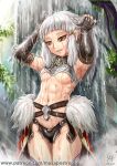  1girl abs armor arms_up bangs bathing belt blunt_bangs braid breastplate breasts elbow_gloves fate/grand_order fate_(series) fingerless_gloves french_braid gloves looking_down maxa&#039; muscular muscular_female navel patreon_username penthesilea_(fate) showgirl_skirt sidelocks solo underboob water waterfall white_hair yellow_eyes 