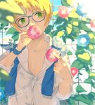  1boy arm_ribbon blue_flower blue_ribbon blurry blurry_background blurry_foreground collarbone collared_shirt commentary_request covered_mouth dated ensemble_stars! flower glasses green_eyes greenhouse hands_up looking_away male_focus orange_hair pink_flower red_flower ribbon shirt short_hair solo sweater_around_neck tokopent unbuttoned unbuttoned_shirt white_shirt yuuki_makoto_(ensemble_stars!) 