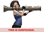  1girl artist_name blue_eyes brown_hair english_text fingerless_gloves gloves haraya_manawari holding holding_weapon jill_valentine resident_evil resident_evil_3 rocket_launcher signature solo tank_top upper_body weapon white_background 