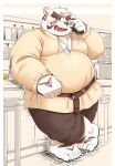  2021 absurd_res anthro aotoaka blush bottomwear clothed clothing detailed_background felid fur hi_res humanoid_hands inside kemono male mammal overweight overweight_anthro overweight_male pantherine pants scar solo tiger white_body white_fur 