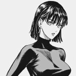  1girl bangs breasts earrings fubuki_(one-punch_man) grey_background jewelry lips long_sleeves looking_at_viewer medium_breasts monochrome murata_yuusuke one-punch_man parted_lips short_hair simple_background solo turtleneck upper_body 