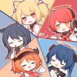  ... :d =_= ahoge animal_ears arknights black_hair black_jacket black_shirt blonde_hair blue_background blue_hair blue_outline chibi cow_horns croissant_(seven_am)_(arknights) dated demon_horns exusiai_(arknights) exusiai_(city_rider)_(arknights) fang food fur-trimmed_hood fur_trim halo headphones holding holding_food hood horns jacket long_hair mostima_(arknights) mouth_hold multicolored_hair official_alternate_costume open_mouth orange_background orange_hair orange_outline outline pocky ponytail red_background red_eyes red_hair red_neckwear renren shirt short_hair skin_fang smile sora_(arknights) speech_bubble spoken_ellipsis sweatdrop takoyaki texas_(arknights) texas_(winter_messenger)_(arknights) the_emperor_(arknights) two-tone_hair visor_cap weibo_username white_jacket white_shirt wolf_ears yellow_background yellow_eyes yellow_outline 