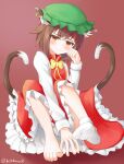  1girl :3 animal_ear_fluff animal_ears bad_hand barefoot bekkuro blush bow bowtie brown_eyes brown_hair cat_ears cat_tail chen commentary_request dress foreshortening full_body hand_up hat highres jewelry knees_up looking_at_viewer mob_cap multiple_tails nekomata paw_pose petticoat pink_background red_dress short_hair simple_background single_earring sitting solo tail toes touhou two_tails yellow_neckwear 
