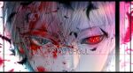  1boy bangs black_eyes black_feathers black_sclera blood blood_on_face bloody_hair blurry close-up colored_sclera copyright_name depth_of_field duplicate eye_focus eyebrows_visible_through_hair eyelashes eyes face falling_feathers feathers heterochromia highres kaneki_ken looking_at_viewer male_focus mismatched_sclera pixel-perfect_duplicate red_eyes sanpaku satsuki_kei solo tokyo_ghoul white_background white_hair 