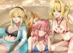  animal_ears bikini bikini_top fate/grand_order jeanne_d&#039;arc jeanne_d&#039;arc_(fate) kamehito kitsune open_shirt saber_extra swimsuits tail tamamo_no_mae 