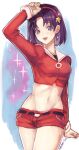  1girl asamiya_athena breasts earrings hair_ornament hairband highres jewelry looking_at_viewer murata_tefu open_mouth purple_eyes purple_hair red_hairband short_hair smile solo star_(symbol) star_hair_ornament the_king_of_fighters 