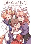  3girls :d absurdres animal_ear_fluff animal_ears bangs blonde_hair bow brown_hair cat_ears cat_tail chen commentary_request dress elbow_gloves eyebrows_visible_through_hair eyes_visible_through_hair fang fingernails girl_sandwich gloves gokuu_(acoloredpencil) hair_between_eyes hat highres long_fingernails long_sleeves looking_at_viewer mob_cap multiple_girls multiple_tails open_mouth puffy_short_sleeves puffy_sleeves purple_dress purple_eyes red_bow red_skirt red_vest sandwiched short_hair short_sleeves skin_fang skirt slit_pupils smile tail touhou two_tails vest white_gloves wide_sleeves yakumo_ran yakumo_yukari yellow_eyes 