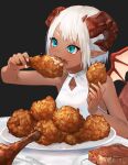  1girl aqua_eyes black_background collarbone commentary dark_skin demon_girl demon_wings eating food food_on_face fried_chicken highres horns meat nima_(niru54) original plate pointy_ears short_hair signature steak white_hair wings 