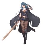  1girl absurdres armor artist_name bangs black_footwear black_shorts blue_hair boots breasts byleth_(fire_emblem) byleth_(fire_emblem)_(female) closed_eyes closed_mouth clothing_cutout commentary dagger elbow_pads fire_emblem fire_emblem:_three_houses full_body hand_up highres holding holding_sword holding_weapon knee_pads large_breasts lips long_hair navel_cutout pantyhose senacolada sheath sheathed short_shorts shorts signature simple_background solo sword sword_of_the_creator weapon white_background 