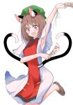  1girl :d absurdres animal_ear_fluff animal_ears arm_under_breasts arm_up armpits blush brown_eyes brown_hair cat_ears cat_tail chen dress hansoku_tantei_satori hat highres holding holding_paper jewelry looking_at_viewer medium_hair mob_cap multiple_tails nekomata ofuda open_mouth paper shiisuu_rattamu simple_background single_earring smile solo tabard tail touhou two_tails white_background white_dress 