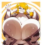  absurd_res anthro big_breasts bovid bovine breasts breasts_against_glass cattle cowbell female gin-blade hand_on_glass hi_res huge_breasts mammal on_glass ringing_bell solo 